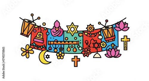 Colorful festive banner celebrating religious diversity with symbols of Christianity Judaism Islam and Hinduism.