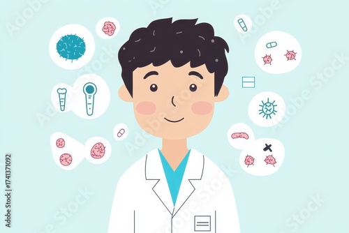 Cute Boy Scientist with Microorganisms in Colorful Illustration
