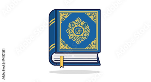 Illustrated Blue Quran Book with Ornate Cover Design.