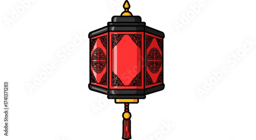 Traditional Red Hexagonal Chinese Lantern with Ornate Details.