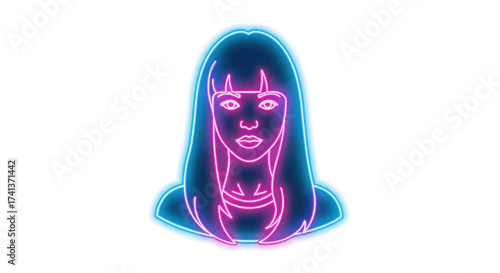 Neon Woman Portrait: Glowing Blue and Pink Outline with Bangs.