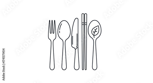 Minimalist Cutlery Set: Fork Spoon Knife and Chopsticks with Leaf Detail.