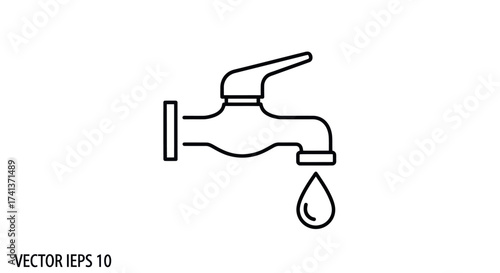 Simple Outline Illustration of a Water Faucet with Droplet.