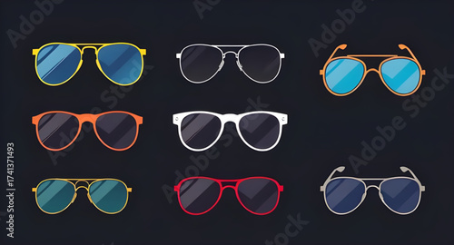 sunglasses, set, eyewear, shades, collection, vector, fashion, accessory, style, summer, cool, lenses, UV protection, reflection, modern, trendy, glasses, frame, plastic, metal, polarized, isolated, w