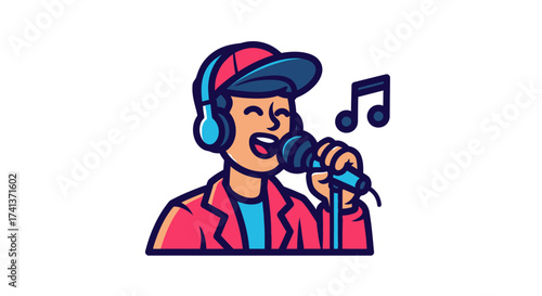 Cartoon man wearing headphones singing into a microphone with musical notes.