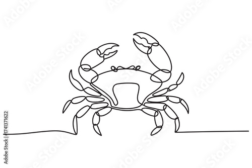 a single continuous line drawing of a crab with its claws raised