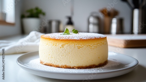 Classic Japanese Cheesecake on a White Plate with Mint Garnish