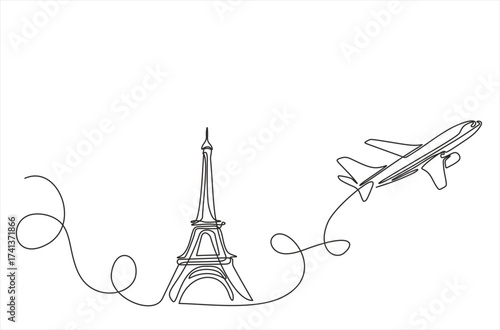 Eiffel tower of Paris with flying airplane with one continuous line. Travel Concept . France landmark in simple linear style. Continuous editable vector outline
