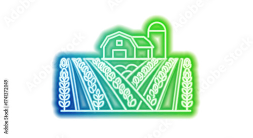 Neon glowing farm with fields of wheat and barn.