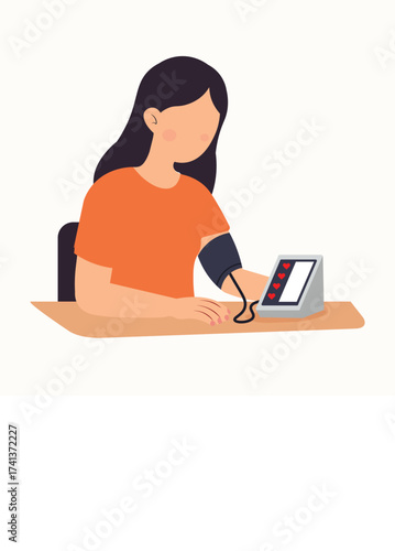 Cartoon Woman Checking Blood Pressure at Home – Vector Health Illustration
