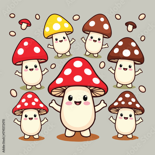 UK Fungus Day vector artwork with whimsical toadstool fairy houses, forest mushrooms, spore bursts, and seamless mushroom pattern in flat minimalist solid colors