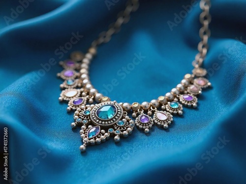 Ornate Gemstone Necklace with Blue Centerpiece and Multicolor Jewels on Rich Fabric Background