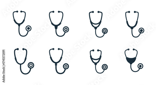 Collection of medical stethoscopes in various styles and designs displayed neatly