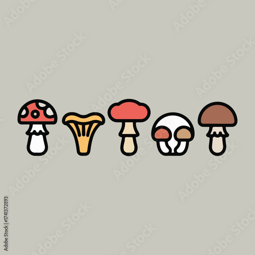 UK Fungus Day vector artwork with whimsical toadstool fairy houses, forest mushrooms, spore bursts, and seamless mushroom pattern in flat minimalist solid colors