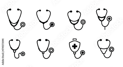 Collection of black and white medical stethoscopes and medical cross icons