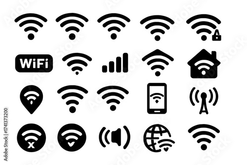 Wireless and wifi icons set. Internet connection signal strength, mobile data, network hotspot symbols. Communication UI UX pictogram collection. Vector glyph illustration.