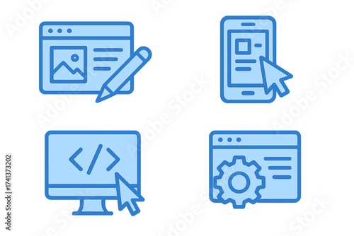 Web design and development icon set. UI UX, programming, optimization concept. Flat vector illustration for mobile app, website building, coding, user interface design. SEO.