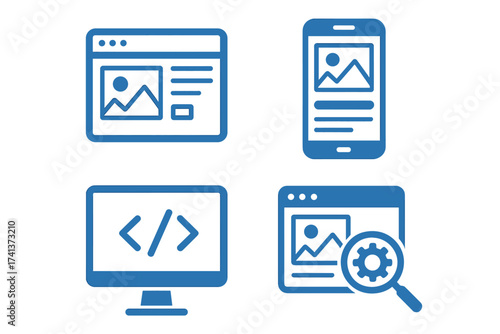 Web design UI UX icon set. Blue flat conceptual icons for website development, programming, coding, responsive mobile design, and SEO optimization. Vector graphic interface symbols.
