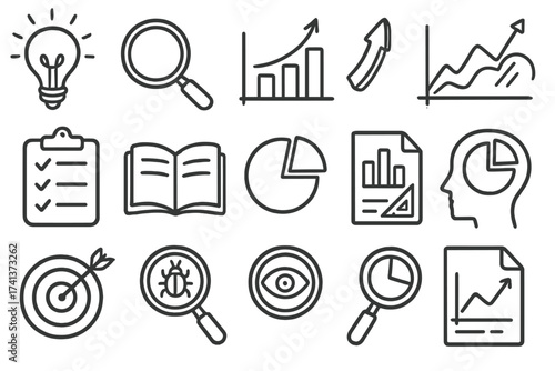 Business analysis line icon set. Data analytics and statistics graphic elements. Marketing research, strategy, growth and success concepts for infographic vector design.