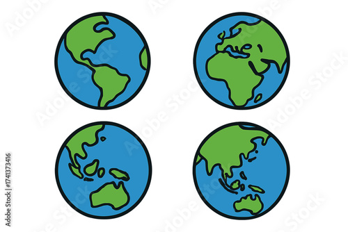 Flat planet Earth icon set. Vector illustration of world globes showing different continents. Global communication, geography and travel concept. Isolated on white background.