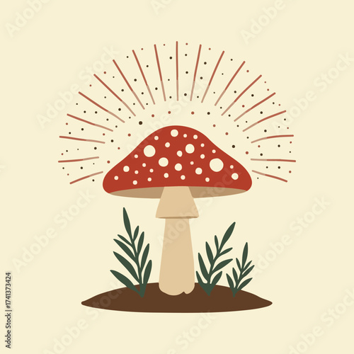 UK Fungus Day vector illustration of woodland mushrooms, fly agaric, chanterelle, and toadstools in flat solid color, cartoon and botanical style artwork