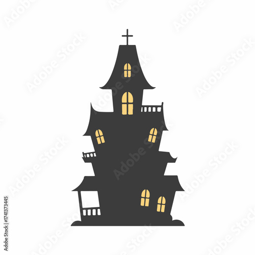 Spooky Silhouette Haunted House with Cross and Lit Windows Illustration