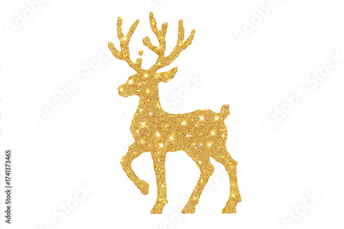 Golden deer silhouette with glitter texture. Christmas reindeer icon with shiny sparkles. Festive Xmas decoration element. Luxury gold animal for holiday celebration design.