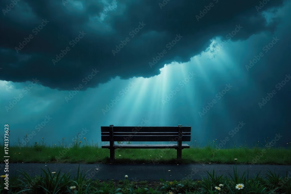 Fototapeta premium Empty Park Bench Under a Stormy Sky Anticipation and Peaceful Waiting Before the Rain