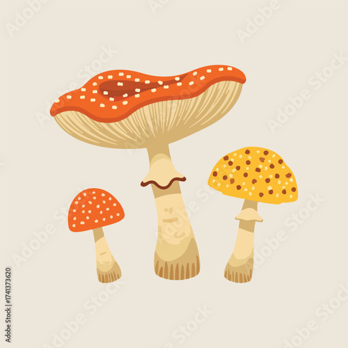 UK Fungus Day vector artwork with whimsical toadstool fairy houses, forest mushrooms, spore bursts, and seamless mushroom pattern in flat minimalist solid colors