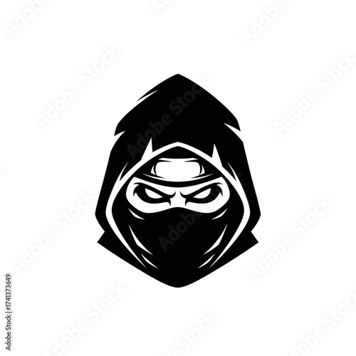 Black Ninja Head Silhouette with Hood and Mask