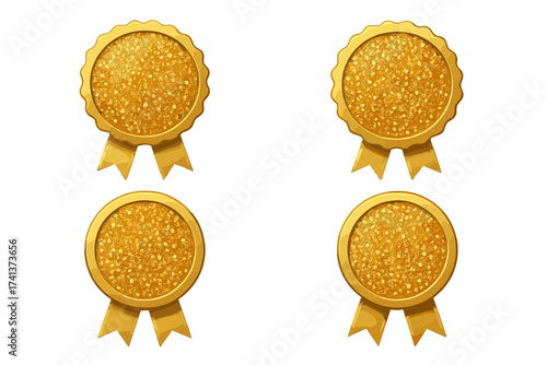 Golden rosette labels set with glitter texture. Gold award seal with ribbon. Prize medal for winner. Premium quality badge collection. Best choice for certificate design.