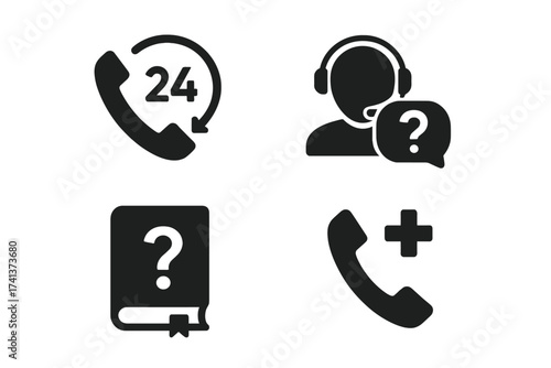 Help and support solid icons set. 24h assistance, customer service, call center pictogram. Handbook, information manual symbol. Emergency line for mobile app, phone hotline.