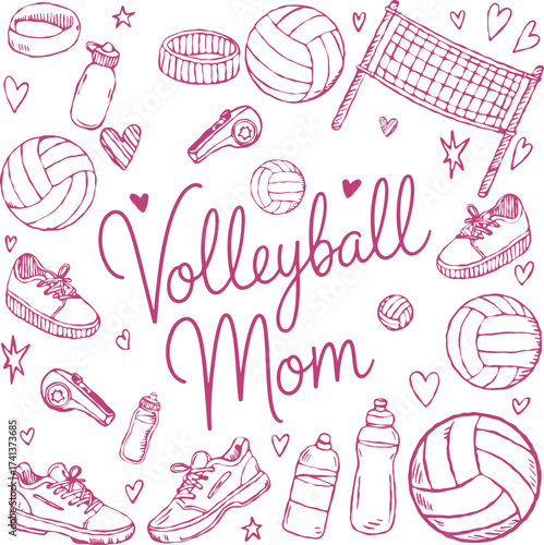 Volleyball Mom – Hand Drawn Pink Doodle Style Design with Volleyball Equipment, Net, Shoes, Whistle, and Hearts, Perfect for Proud Sports Moms and Gifts