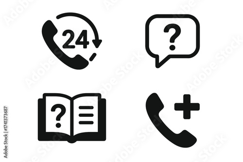 Help and support vector icon set. Customer service symbols. 24h assistance, help chat, FAQ, manual, emergency call. Phone hotline pictograms for web and mobile app design.