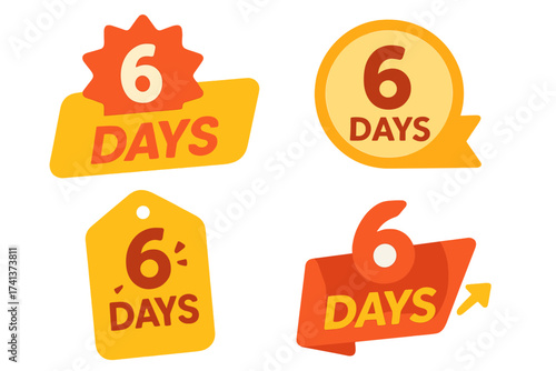 Number 6 days left to go. Promotional banners and badges for sale. Countdown timer for landing page banner. Vector illustration sticker set with a transparent background.