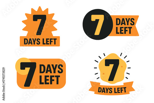 Seven days left countdown timer banners collection. Number 7 promotional badges for sale landing page. Final week offer announcement vector sticker set. Last chance graphic element.