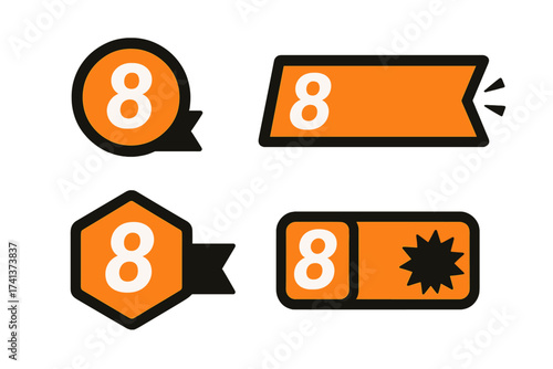 Number 8 days left countdown timer for sale promotion. Collection of promotional banners and badges. Special offer sticker set for landing page. Vector graphic elements.