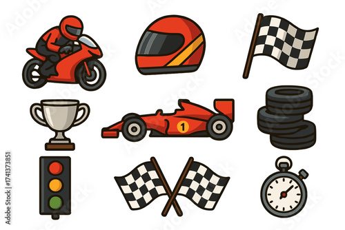 Racing icon set. Vector cartoon illustration of motorsport competition. Includes formula car, motorcycle, helmet, checkered flag, trophy, stopwatch, tires and start light.