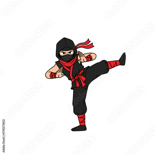 Cartoon Ninja Kicking with Red Accents and Black Suit