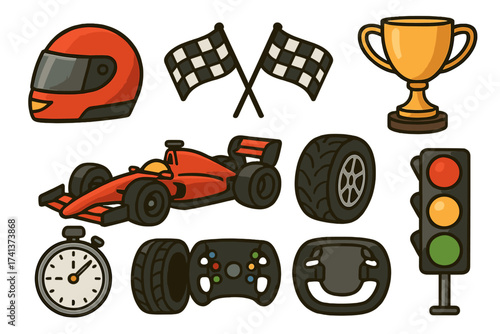 Car racing icon set vector illustration. Motorsport doodle collection with formula car, helmet, checkered flag, trophy cup, wheel, stopwatch, and steering wheel for speed race.