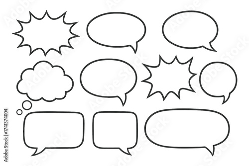 Set of speech bubbles vector. Blank retro empty comic bubbles and thought balloons. Chat message collection for dialogue and communication. Pop art outline sticker illustration.