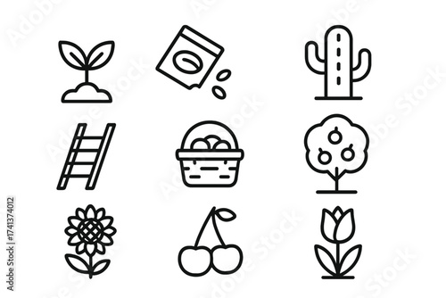 Gardening and farming vector line icon set. Agriculture and planting symbols. Contains green sprout, seeds, cactus, ladder, harvest basket, fruit tree, sunflower, cherry, tulip.