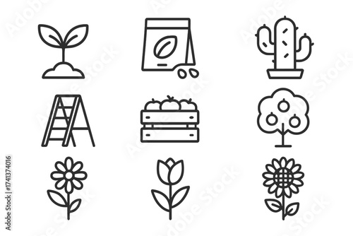 Garden icon set with flowers and plants. Outline vector collection for farming and planting. Includes sprout, seeds, cactus, ladder, harvest crate, fruit tree, tulip, sunflower.