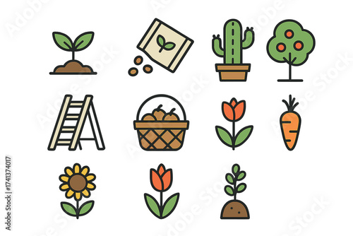 Garden icon set vector flat design. Simple icons for gardening, planting, farming. Contains sprout, seeds, cactus, stepladder, harvest, fruit tree, tulip, carrot, sunflower.
