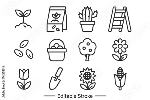 Gardening and farming line icon set. Vector collection of plant, flower, and agriculture symbols like sprout, seeds, fruit tree, harvest basket, trowel, corn, and cactus.