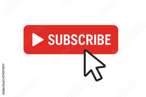 Subscribe button icon with mouse cursor. Red play button for social media video channel. Vector illustration for web interface, follow, and get notifications concept.