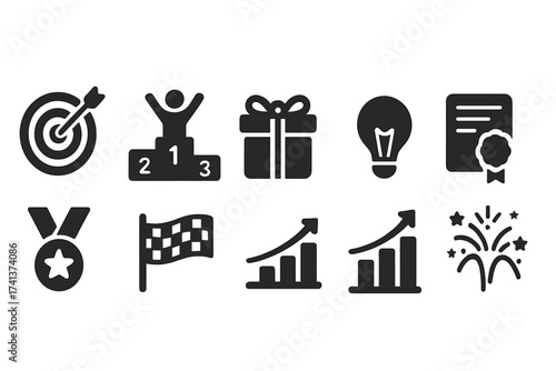 Success and achievement vector icon set. Business goal and award glyphs. Pack of target, winner, podium, prize, medal, certificate, idea, growth chart, and fireworks.