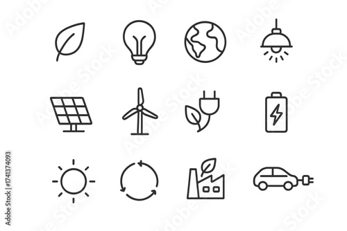 Eco friendly green energy thin line icon set. Renewable and sustainable technology concept. Solar panel, wind turbine, electric car, recycling. Clean power and environment vector.