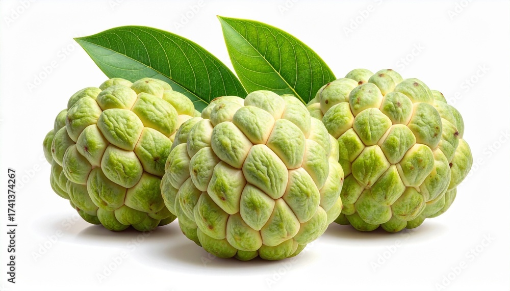 Obraz premium Describe a ripe custard apple with a bumpy green surface, short stem, and two attached leaves, placed on a white background. Highlight its tropical origin, unique texture, and sweet appeal.