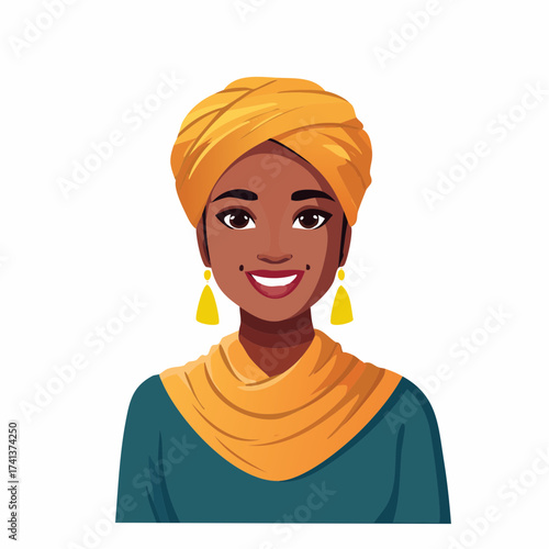 Smiling Black woman wearing turban and scarf with transparent background
